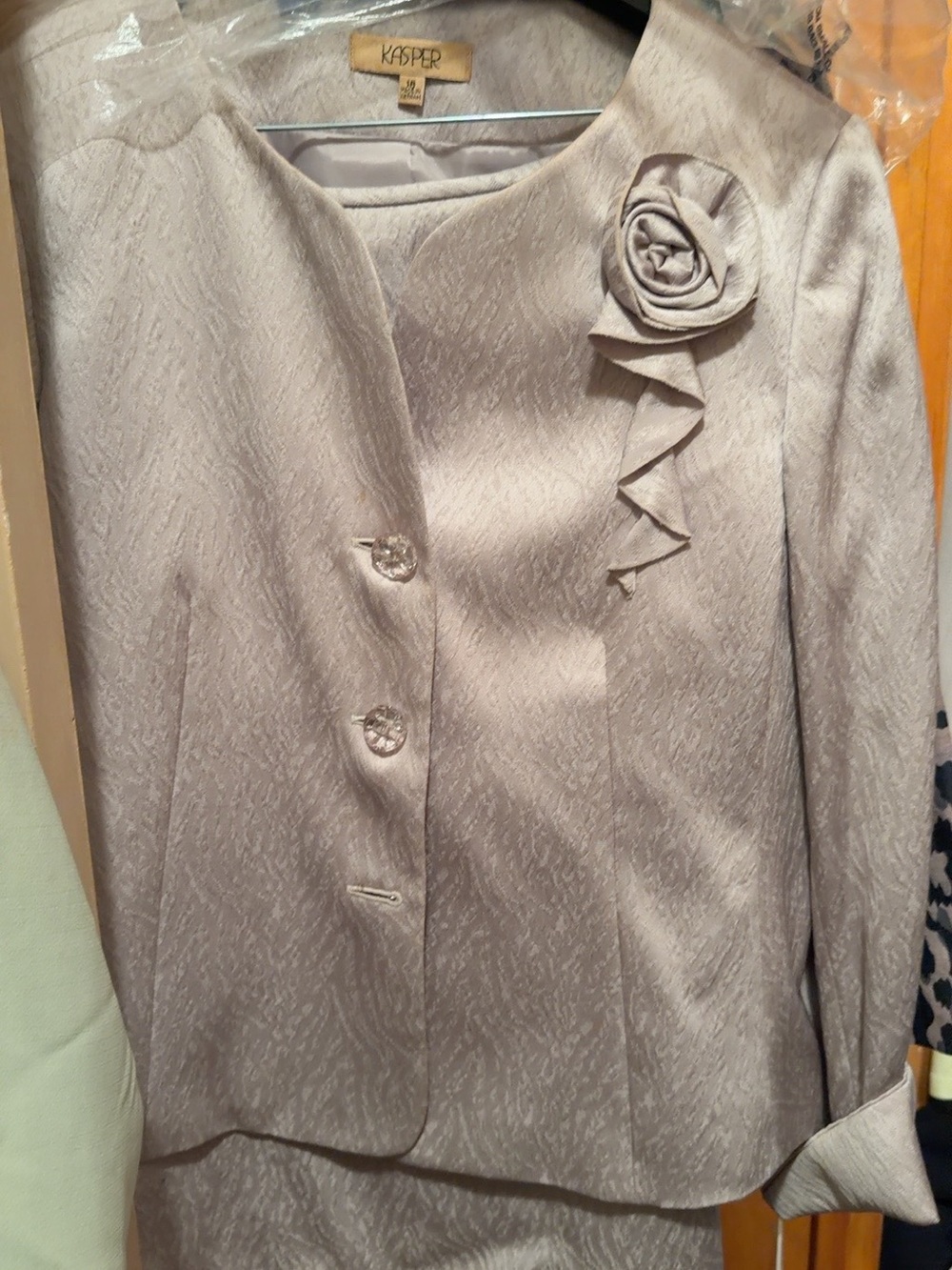 Kasper Light Beige Floral-Trim Suit with skirt